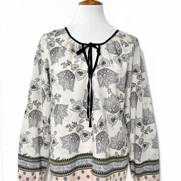 Sanctuary Floral Motif Print Pastel Cream Black Mixed Media Tie Neck Tunic Top S - Picture 7 of 9